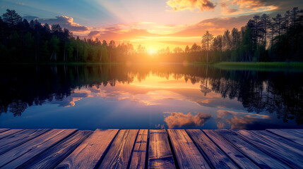 wooden tabletop overlooking the lake at sunset