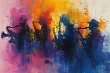 A painting capturing the essence of a jazz melody in abstract form, with rhythmic brushstrokes and a harmonious blend of colors