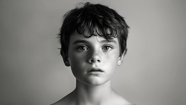 A young boy avoiding the camera and appearing uncomfortable in his own skin, Young Boy in Black and White