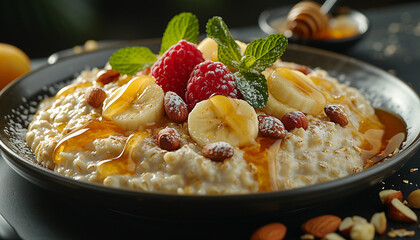 delicious and healthy breakfast - Warm oatmeal with fruit nuts and honey toppings