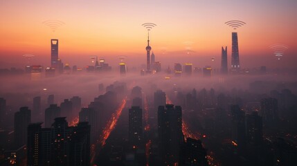 Fototapeta premium Skyscraper Symphony: Wireless Signs in the Urban Skyline