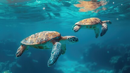 A Duo of Sea Turtles Gliding Through Crystal Waters