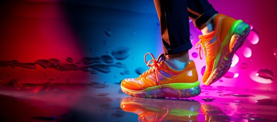 bright sneakers with men's feet. copy space