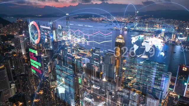 Timelapse of Hong Kong city skyline double exposure with Business data Analytics dashboard Technology, Futuristic Design for financial technology and business concepts