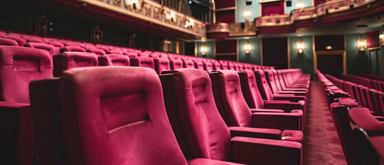 Fototapeta premium Empty cinema hall with rows of plush pink seats