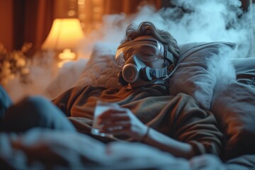 guy wearing oxygen mask in bedroom - obrazy, fototapety, plakaty