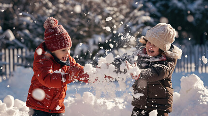 two kids having a happy snowball fight in winter