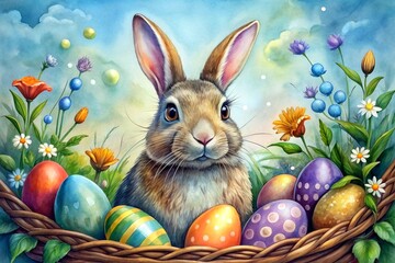 Little ester rabbit in the meadow and valentine's heart festival