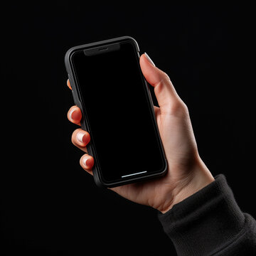 photo of hand holding iPhone out to accept a payment, solid black background