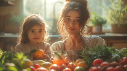 mom and daughter in the kitchen - obrazy, fototapety, plakaty