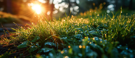 Early morning dew clings to fresh green grass with the sunrise filtering through a peaceful forest...