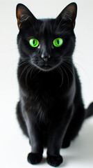 Obraz premium Black cat with luminous green eyes standing out against a bright white background, high contrast setting to highlight the sleek fur and mysterious aura