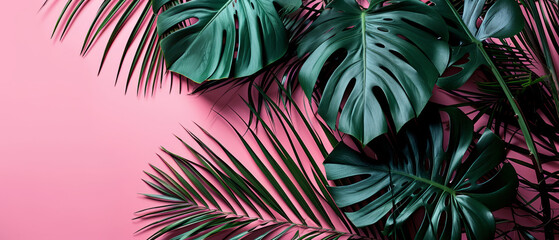 Fototapeta premium Lush green tropical leaves casting shadows on a pink background, showcasing natural patterns