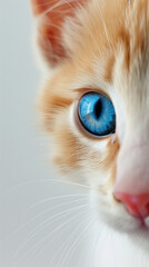 Close-up of a playful kitten with striking blue eyes on a seamless white background, capturing the delicate features and playful curiosity