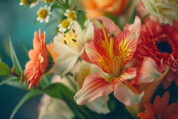 Vibrant Bouquet of Flowers with Bokeh Background, A colorful bouquet with roses, daisies, and lilies, highlighted by a glistening bokeh background.