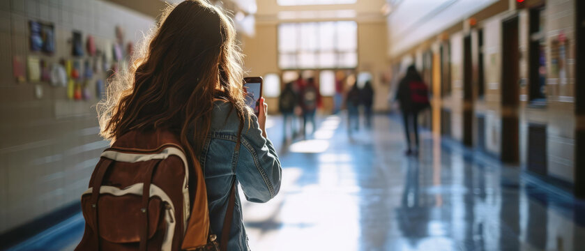 Back view of a female student with a leather backpack walking in a sunny high school corridor while looking at her phone