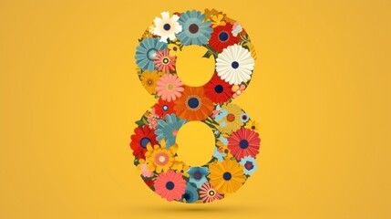 Obraz na płótnie Canvas Vibrant artwork of the number eight composed of various colorful paper-cut style flowers on a yellow background. Women's Day greeting card