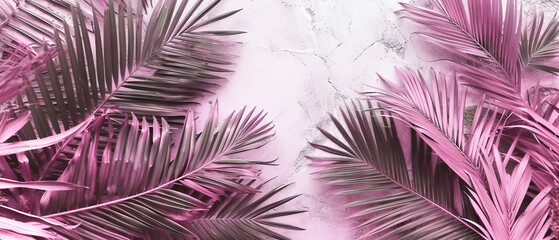 Tropical palm leaves artfully arranged against a textured pink backdrop