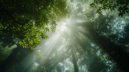 Sunlit Whispers: A Surreal Dance of Light and Mist in the Forest Canopy