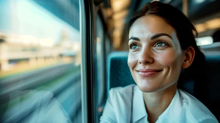 Fotobehang Happy young woman looking out the train window © PETR BABKIN