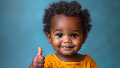 African toddler giving a thumbs up against a blue background, radiating positivity and cute gestures - obrazy, fototapety, plakaty