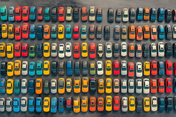 Aerial view of a colorful parking lot with neatly arranged cars, suitable for concepts of transportation, urban planning, or as a vibrant background with copy space