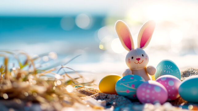 a plush bunny sits on a sandy beach surrounded by colorful Easter eggs