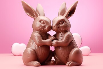 Brown forms a pair of rabbits on a pink background. Easter Day
