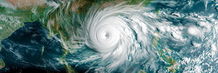 Majestic aerial view of a large hurricane approaching land, showcasing the power of nature with copy space  suitable for climate change and weather-related concepts
