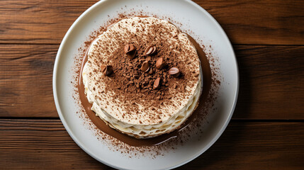 Tiramisu Cake with layers of chocolate shavings and mascarpone cream placed on a ceramic white plate, Overhead Shot