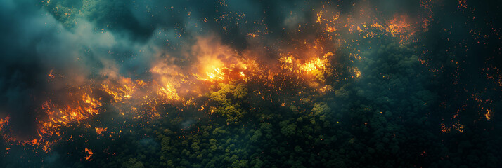 Aerial view of a devastating forest fire at dusk, highlighting environmental issues and the concept of climate change - obrazy, fototapety, plakaty