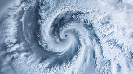 Aerial view of a powerful cyclonic storm pattern with swirling clouds over a polar region, suitable for environmental and weather-related concepts with space for text