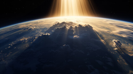 Majestic sunrise over Earth from space showing the planet's atmosphere and cloud formations, suitable for background with space for text on the dark upper side
