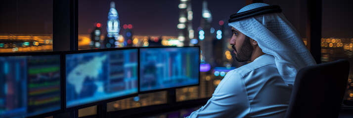 Emirati man in traditional kandura looking at night cityscape from a high-rise office in Dubai, with blurred background suitable for text overlay - obrazy, fototapety, plakaty