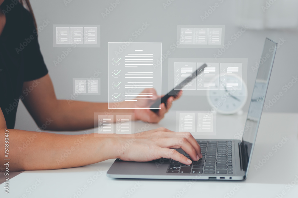 Poster document management and checklist concept, businesswomen show e-document on smartphone online manage