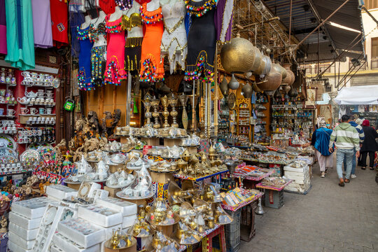 Egyptian shop in Khan el-Khalili grand bazaar in Old Cairo, old town souk, Egypt