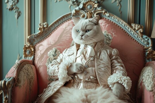 cat wearing a suit sitting on the king's chair, Ragdoll cat kitten isolated in glam fashionable couture high end outfits isolated Creative animal concept