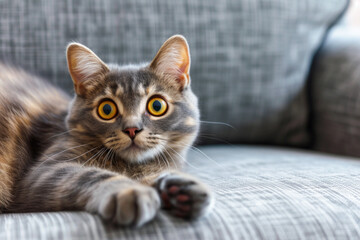 Funny looking domestic cat lying on the sofa with eyes wide open in surprise
