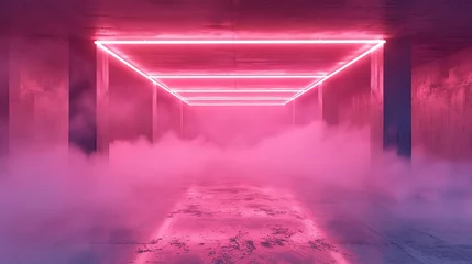 Photo sur Plexiglas Rose  Empty concrete room with fog and pink neon light. May be used as background.