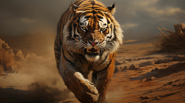 A lifelike painting capturing the intense movement of a majestic tiger as it runs across the arid desert landscape.