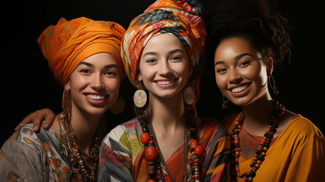 Three Women Wearing Head Scarves and Necklaces. Generative AI.