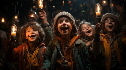 Fototapeta premium Group of Children Singing in the Rain. Generative AI