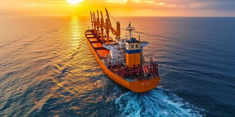 Obraz premium A cargo vessel equipped with strong lifting cranes is sailing in tranquil conditions.