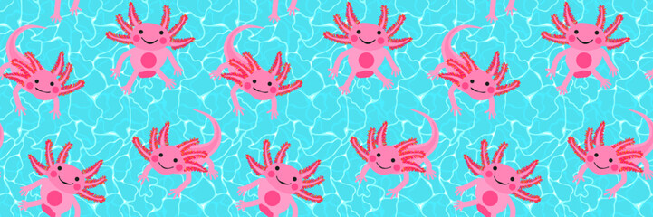 Pink axolotl seamless pattern with textured water surface design. Hand drawn funny animal vector illustration, print design. Turquoise water ripple background. - 731831273