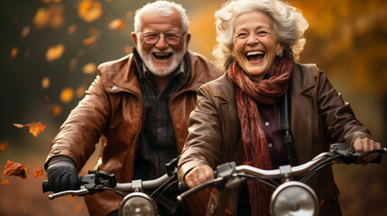 Fototapeta na wymiar Happy Activity for Old Man and Woman Riding on the Bikes. Generative AI.