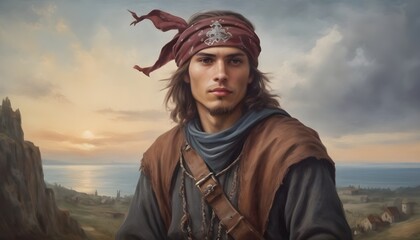 Medieval young pirate captan in bandana dreamy looking to horizon. RPG character portrait 