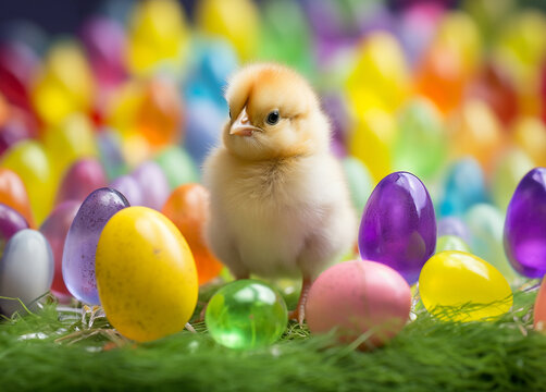 Easter themed image of one cute and adorable fluffy baby chick standing with colored Easter eggs and jelly beans on green grass.