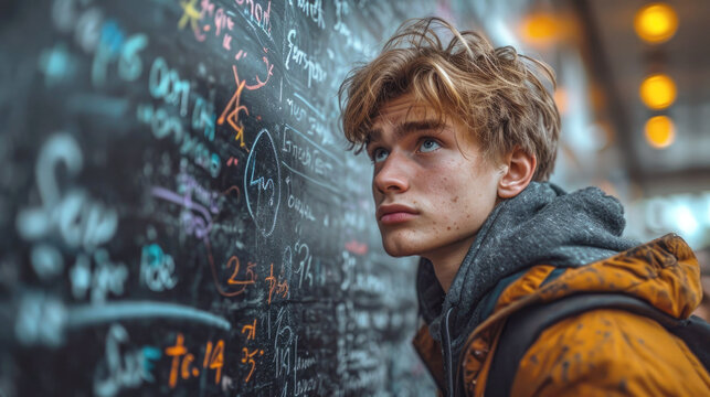 Frustrated student looking at an incorrectly solved math equation on the board. Difficulties in studying, unwillingness to do homework, did not pass the exam.