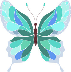 Colored silhouette of a butterfly with blue-green wings on a white background, collage in the form of a butterfly.