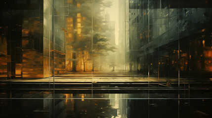 Painting of a City Street With Water Reflection. Generative AI.